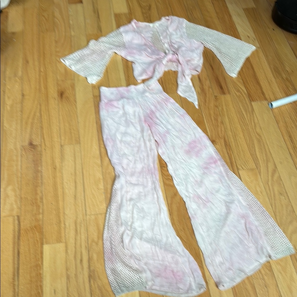 Elan Pink and White Wide Leg crochet Pants Set - Picture 6 of 9